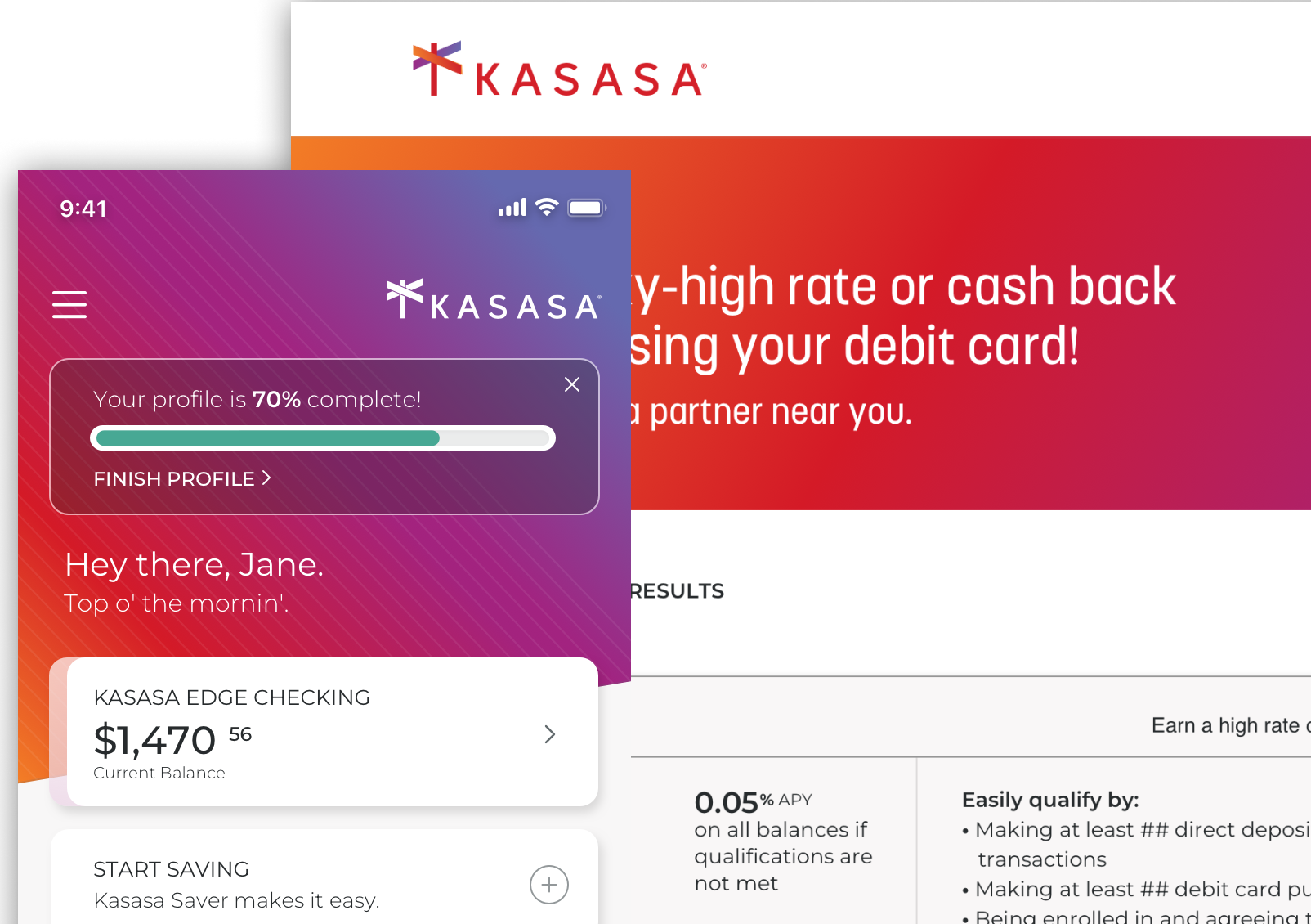 desktop and mobile interface of the Kasasa loans interface with warm gradients.